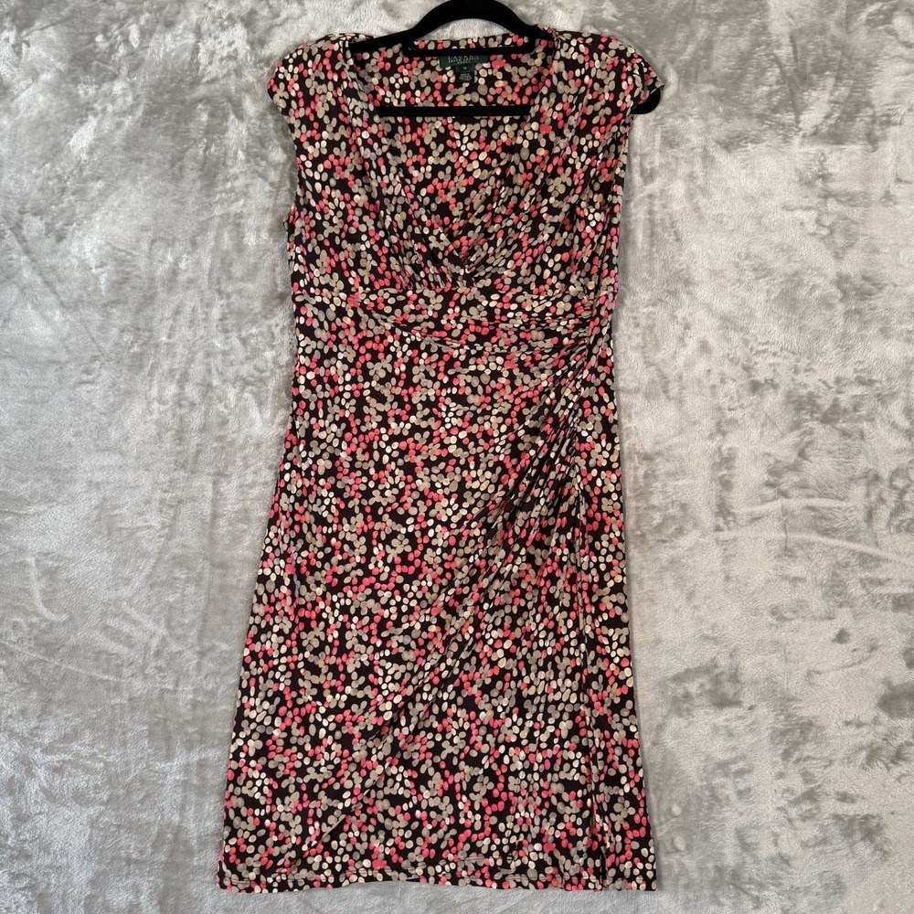 Lauren Ralph Lauren Womens Pink Brown Dot V-Neck Sheath Dress Size 12 Formal